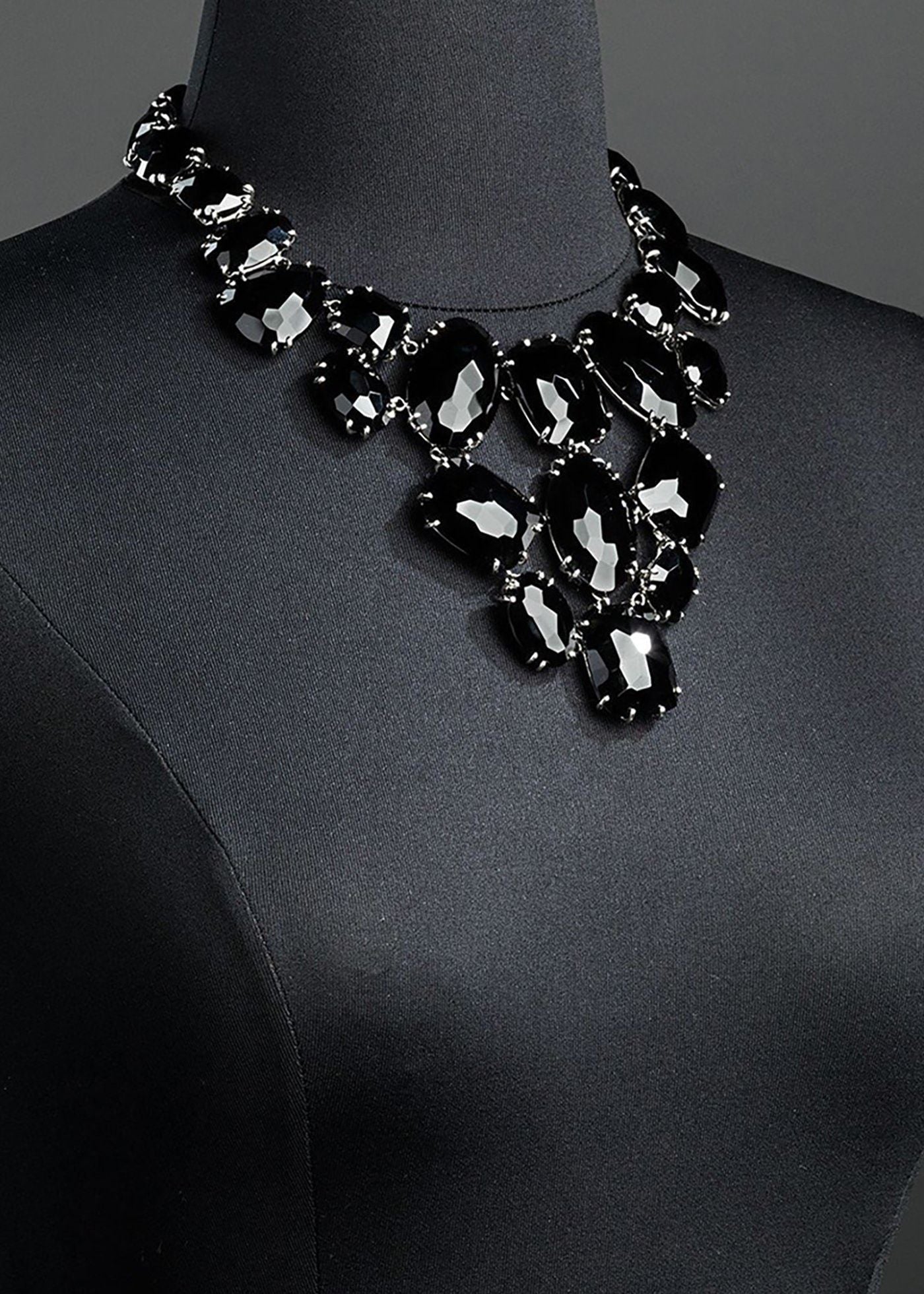 Black onyx gemstones prong set in bib style, 14K white gold plated - Darby Scott