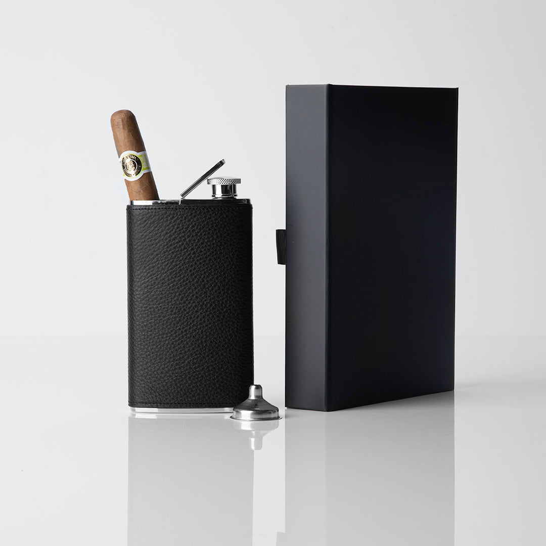 Cigar Holder/Flask Combo Covered with Black Pebble Leather Gift Set - Darby Scott