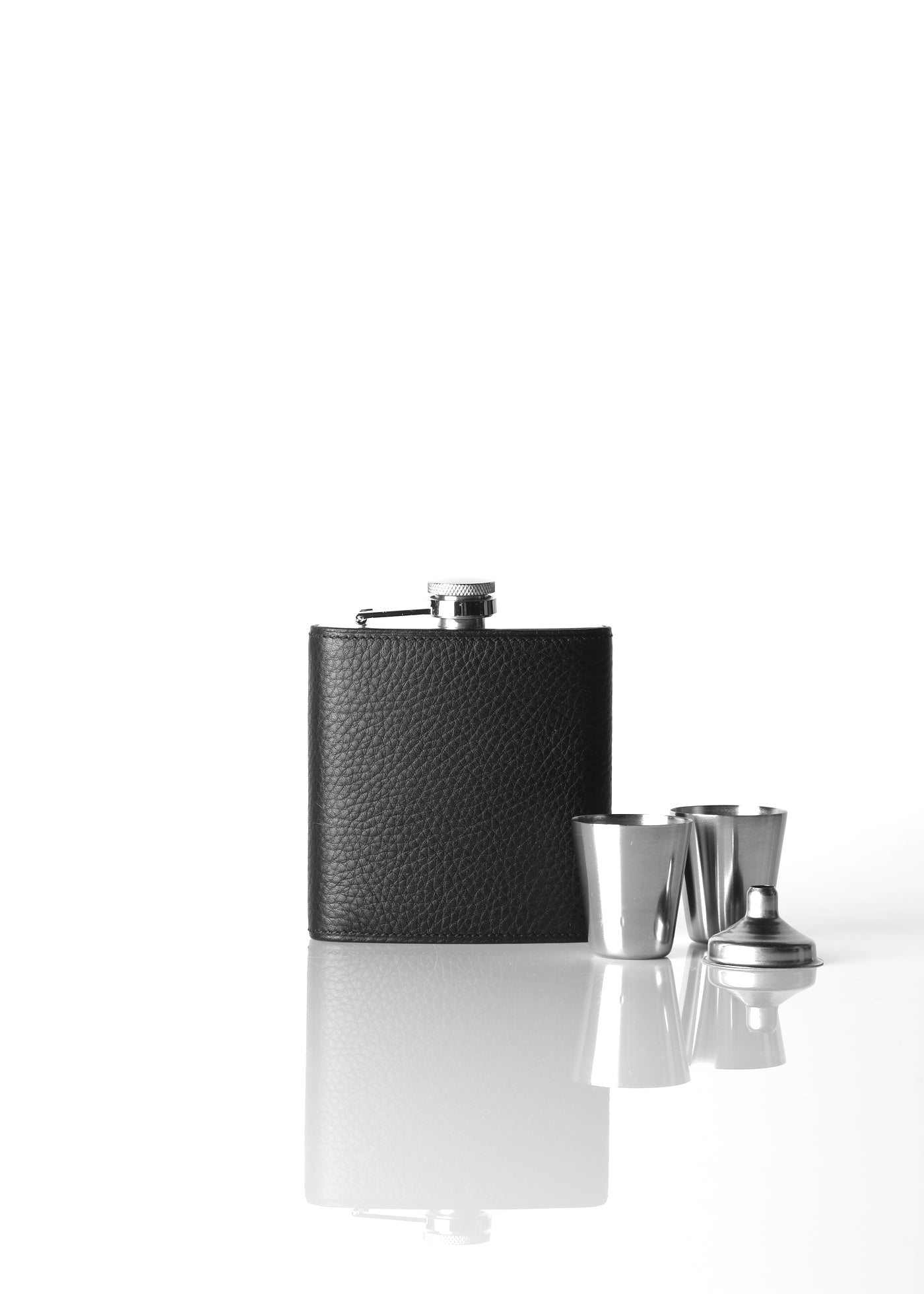 Black Leather Covered Flask with two cups and a funnel - Darby Scott