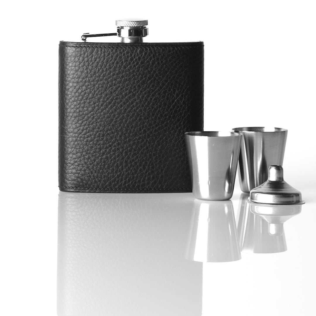 Black Leather Covered Flask with two cups and a funnel - Darby Scott