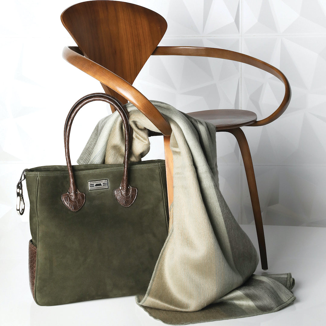 Green Soft Alpaca Throw shown with Green Suede Essex Tote