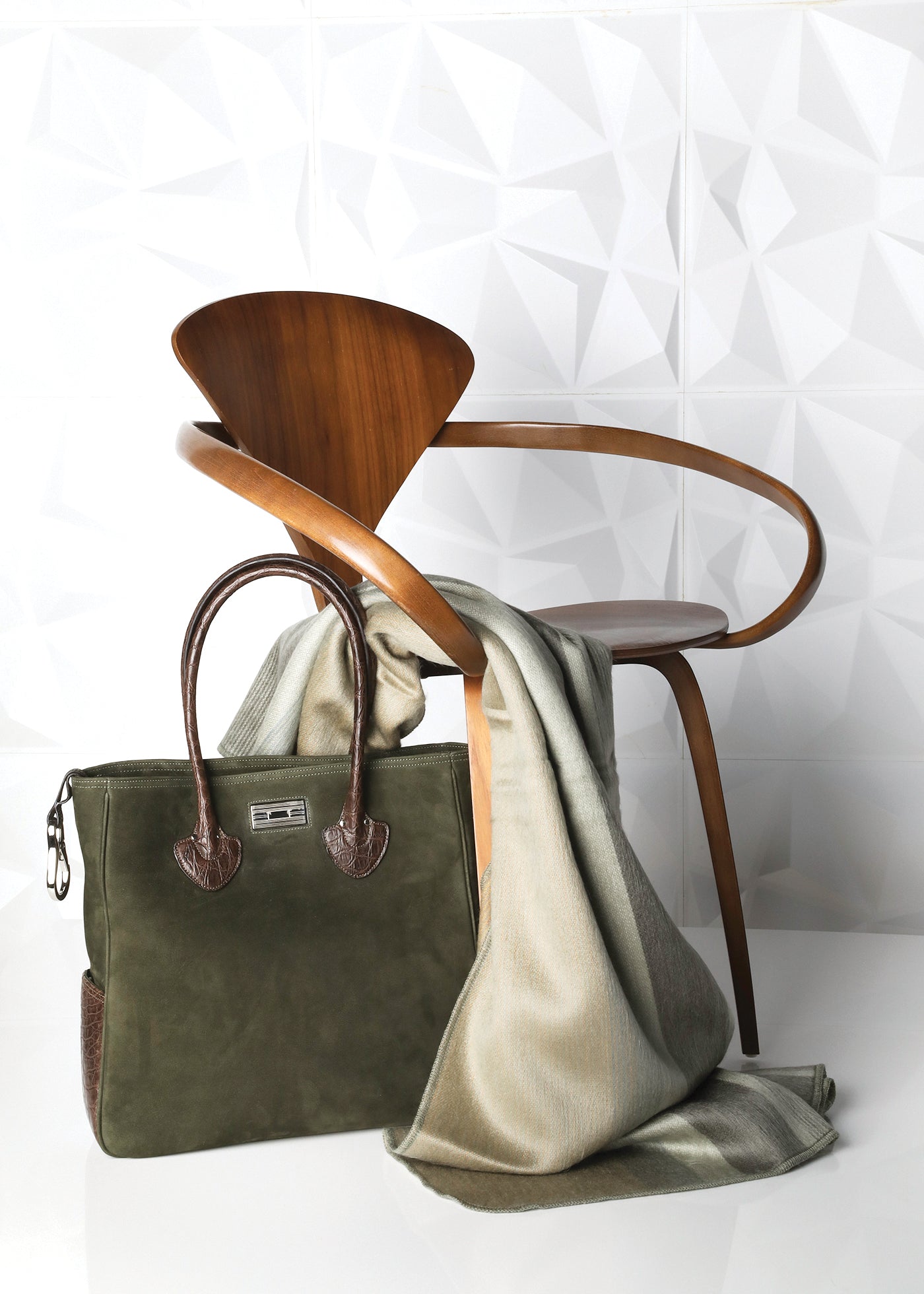 Green Soft Alpaca Throw shown with Green Suede Essex Tote