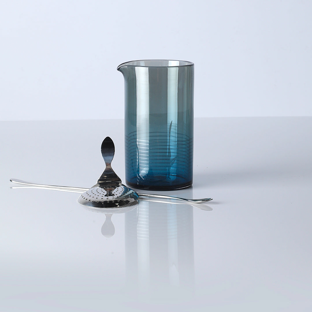 Hand blown ombre steel blue mixing glass with long spoon and strainer