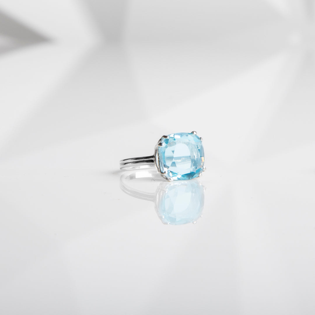 Blue Topaz Sterling Ring, 12MM Cushion Cut Darby Scott