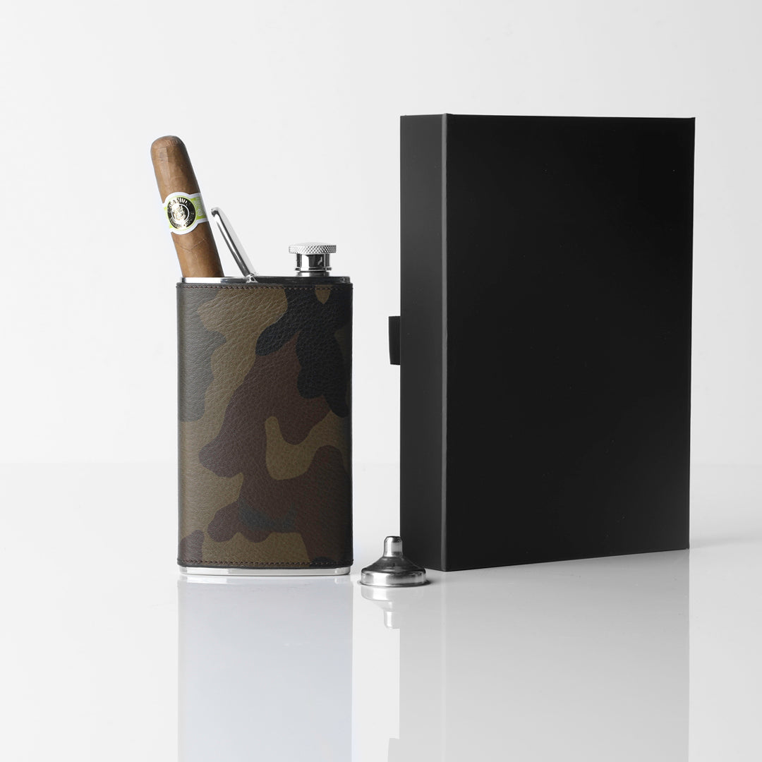 Cigar Holder/Flask Combo Covered with Camo Green Pebble Leather Gift Set - Darby Scott