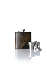 Camouflage Leather Covered Flask with two cups and a funnel - Darby Scott