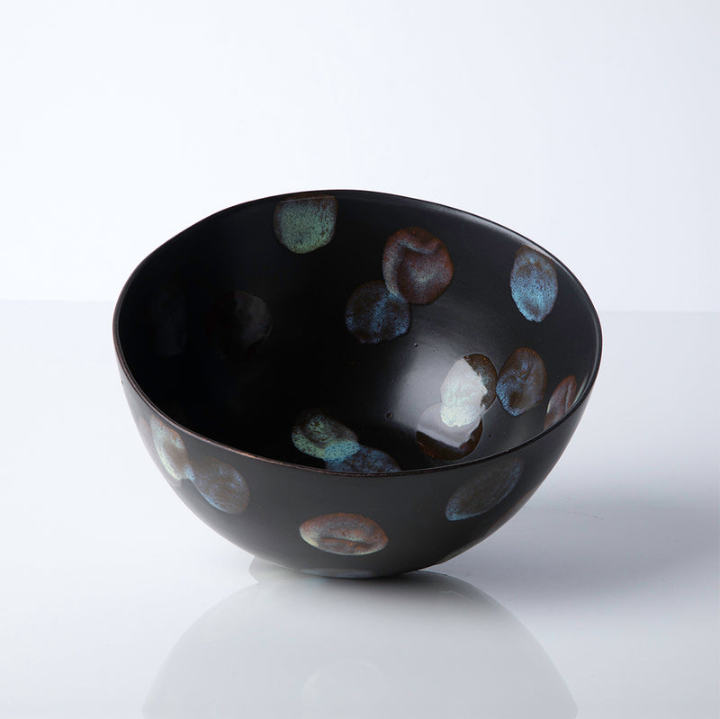 Ceramic Stoneware Serving Bowl in Matte Ebony with colorful dappled spots 