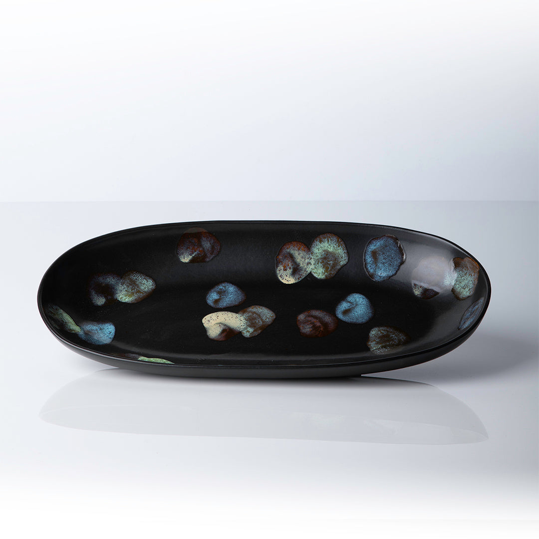 Ceramic Stoneware Oval Platter in Matte Ebony with colorful dappled spots