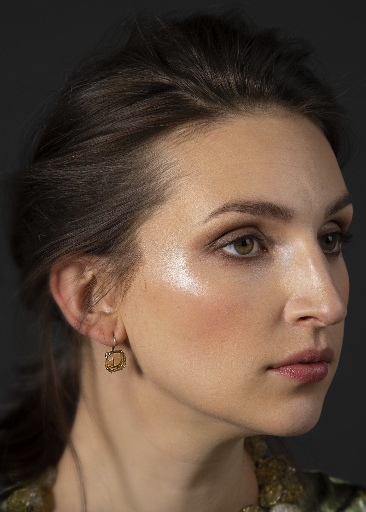 12MM Cushion Cut Citrine Sterling Silver Earring on model - Darby Scott