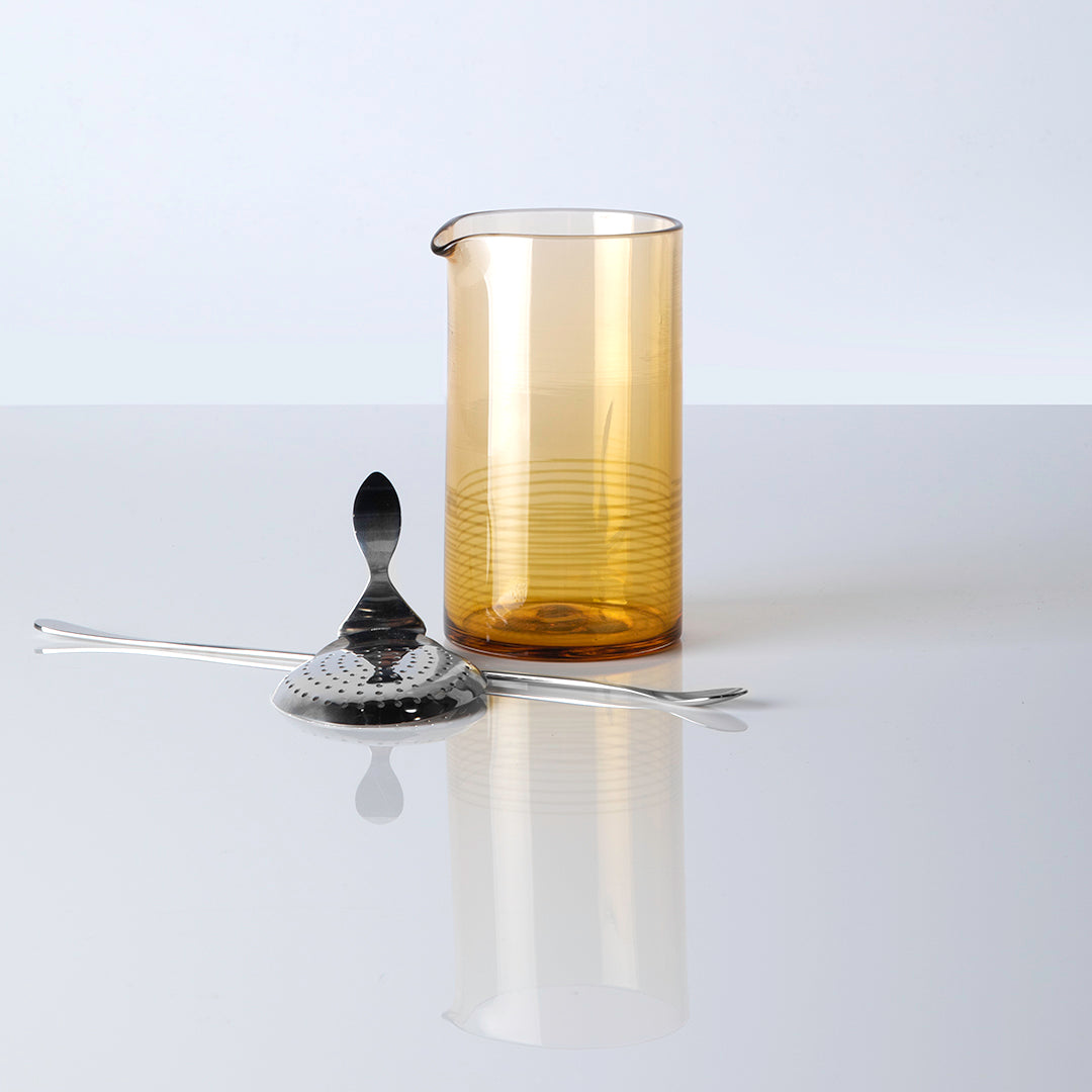Hand blown citrine mixing glass with long spoon and strainer
