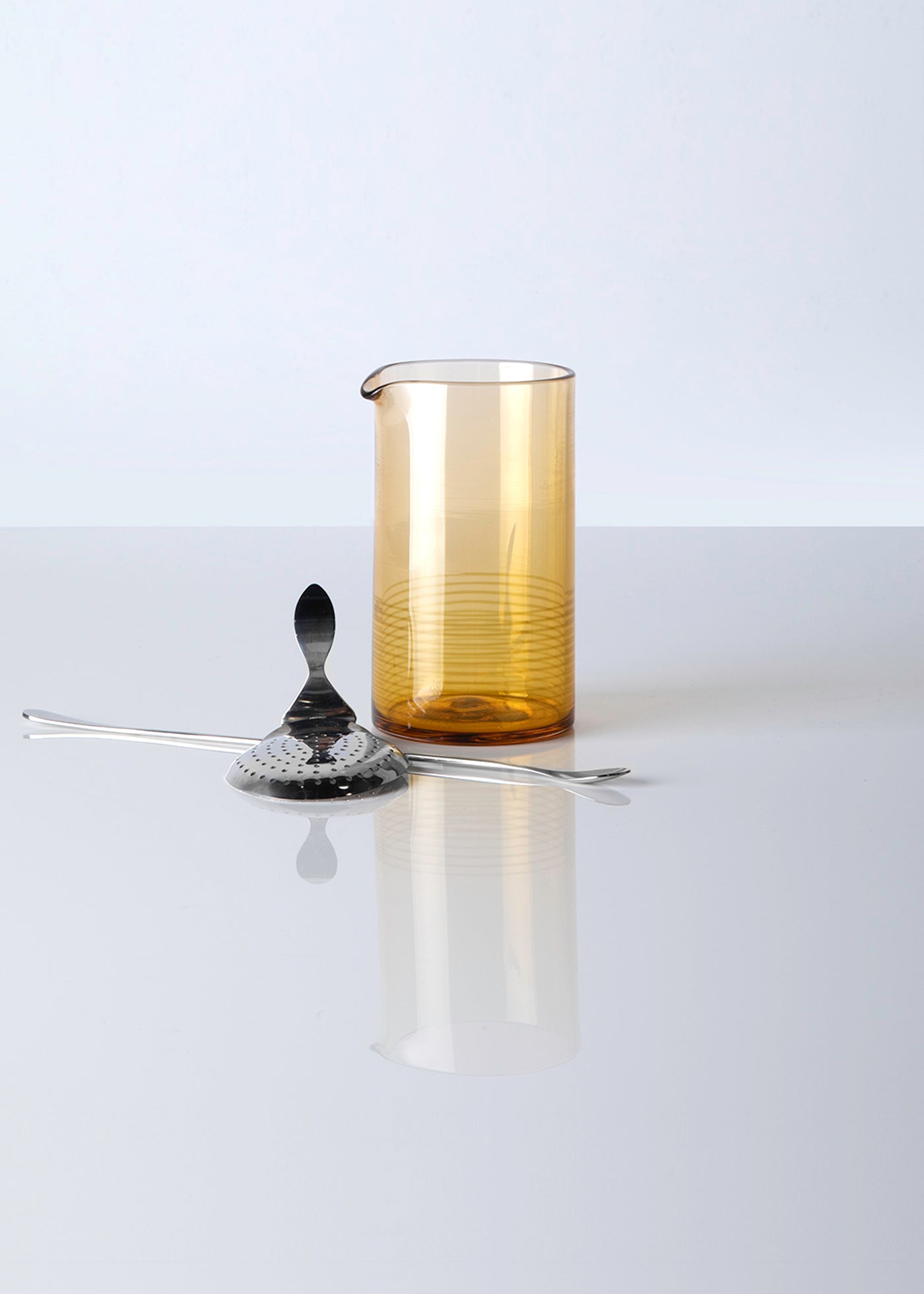 Hand blown citrine mixing glass with long spoon and strainer