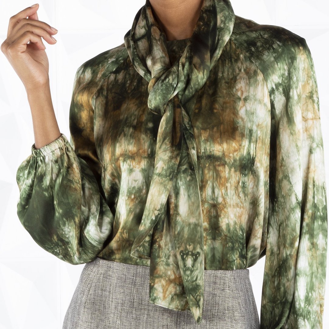Model in Tie Dyed Camouflage Print Long Sleeve Belted Blouse - Darby Scott