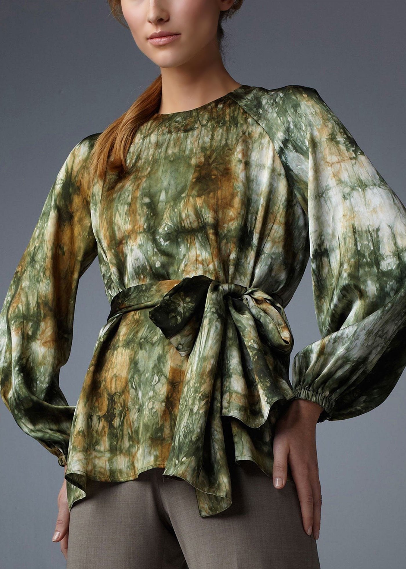 Model in Tie Dyed Camouflage Print Long Sleeve Belted Blouse - Darby Scott