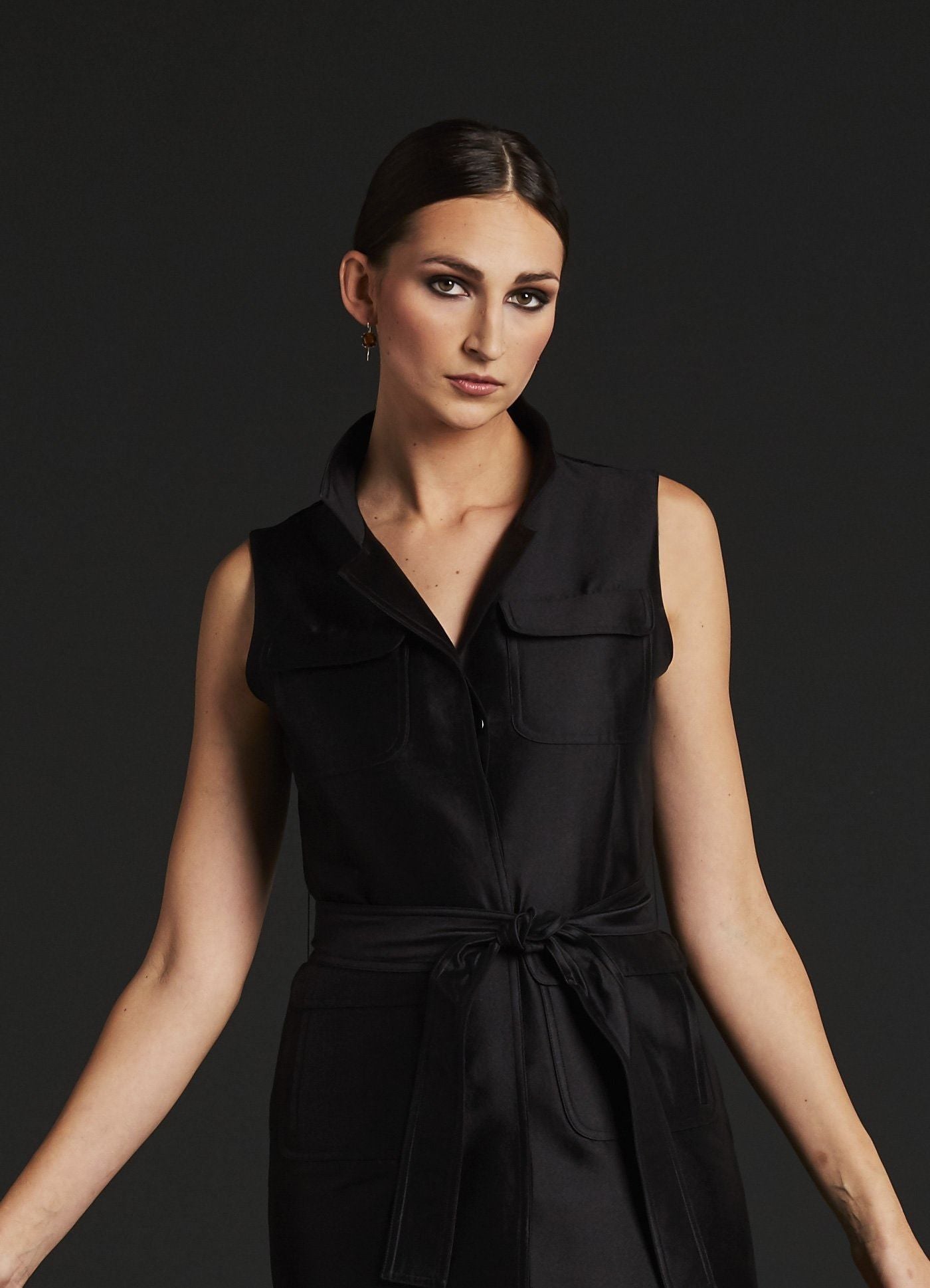 Detail view of front Black Silk Cotton Safari Style Sleeveless Dress - Darby Scott