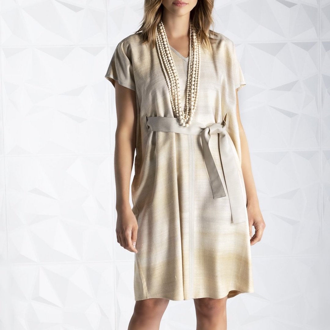 Knee Length Silk, Tan Linen Caftan Dress | Darby Scott Tan / XL / Silk-Linen Knee Length Silk, Tan Linen Caftan Dress | Darby Scott Tan / XL / Silk-Linen