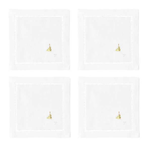 Cocktail napkins with embroidered martini in glass on corners