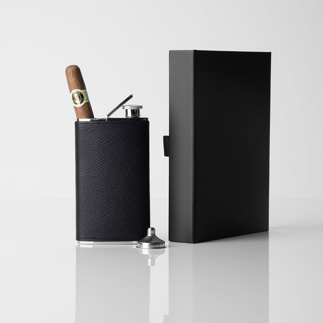 Cigar Holder/Flask Combo Covered with Espresso Brown Pebble Leather Gift Set - Darby Scott