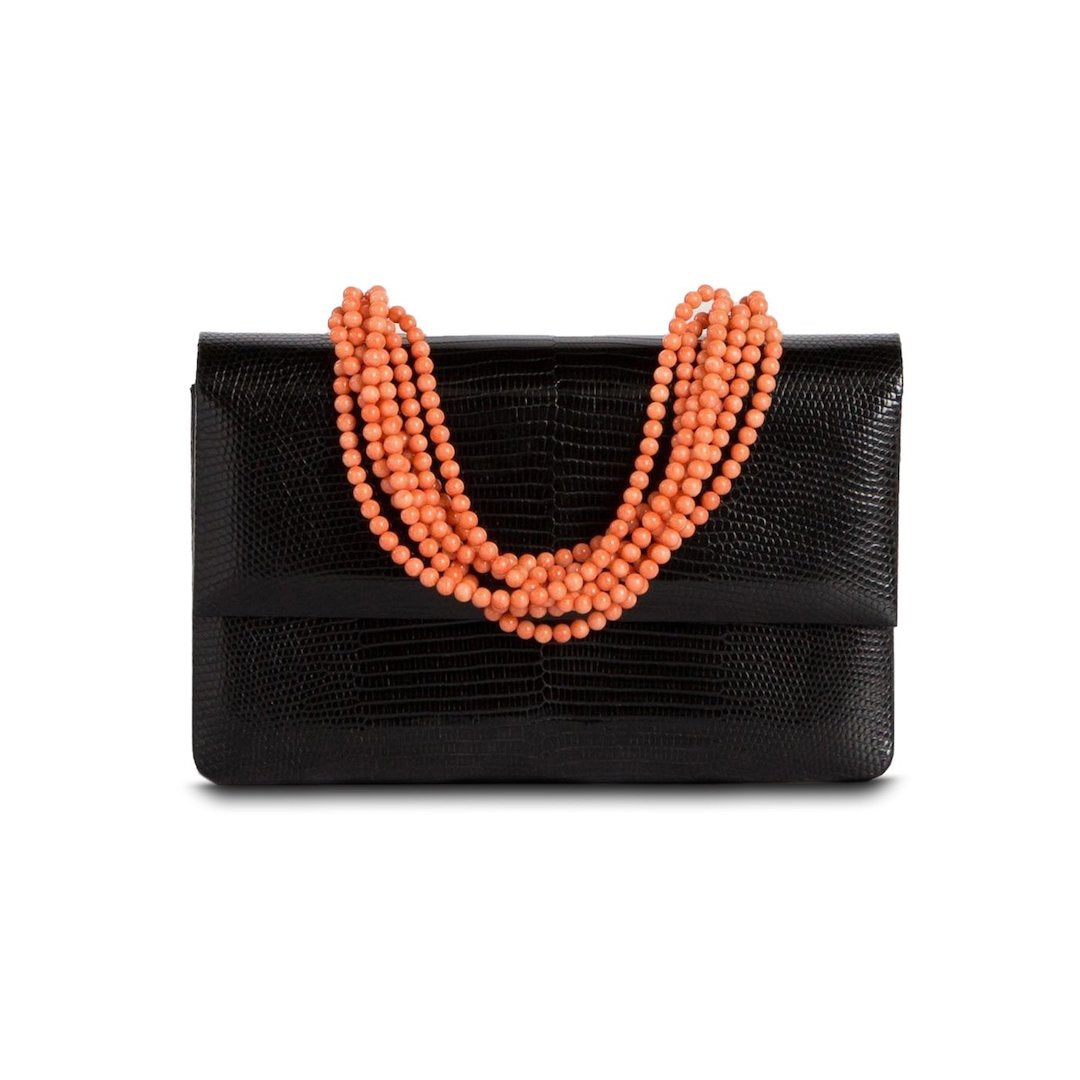 Exotic Lizard Iconic Handbag in Black with Coral Necklace Handle - Darby Scott
