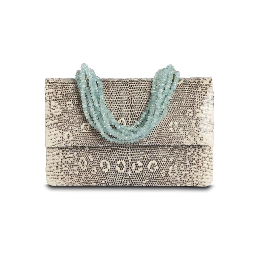Exotic Ring Lizard Iconic Jeweled Necklace Handbag in Black & White with Aquamarine Handle - Darby Scott