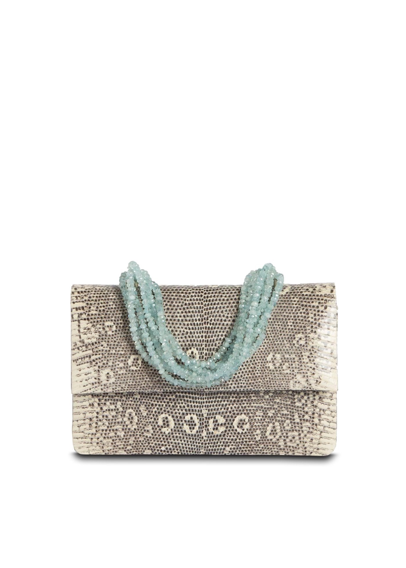 Exotic Ring Lizard Iconic Necklace Handbag in Black & White with Aquamarine Handle - Darby Scott