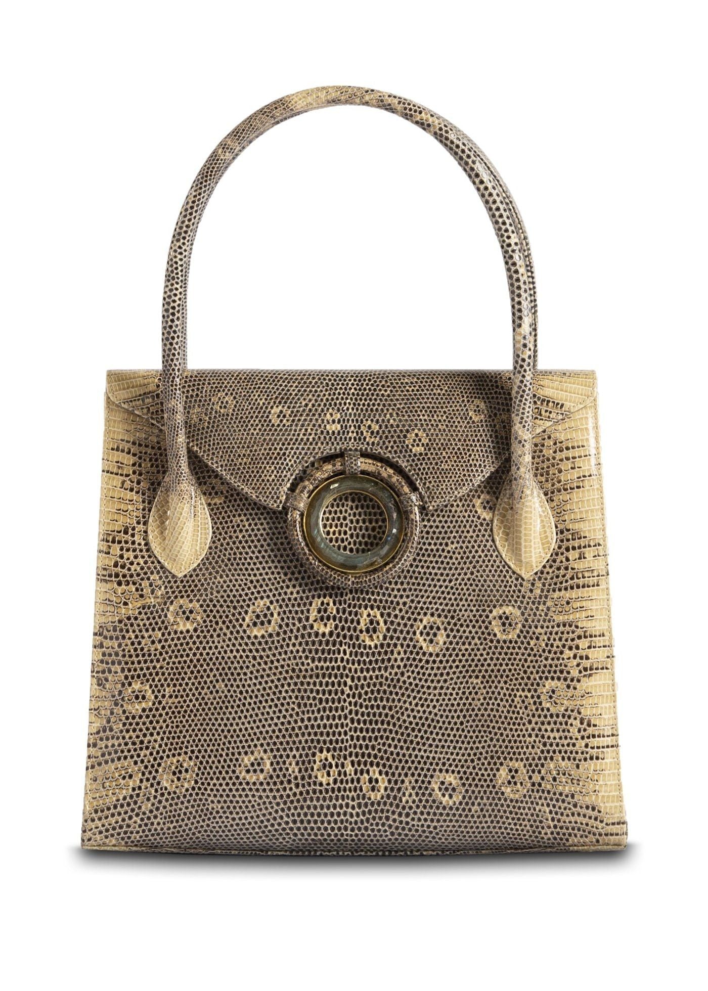 Exotic Ring Lizard Thompson 'O' Tote in Tan with Labradorite Grommet - Darby Scott