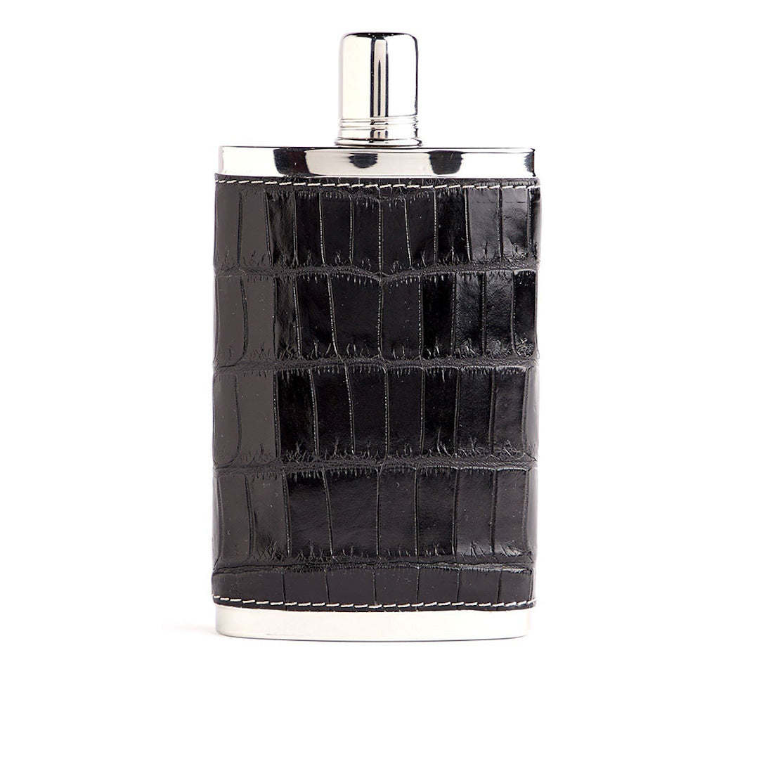 Black Crocodile Covered Stainless Steel 9 oz hip flask - Darby Scott