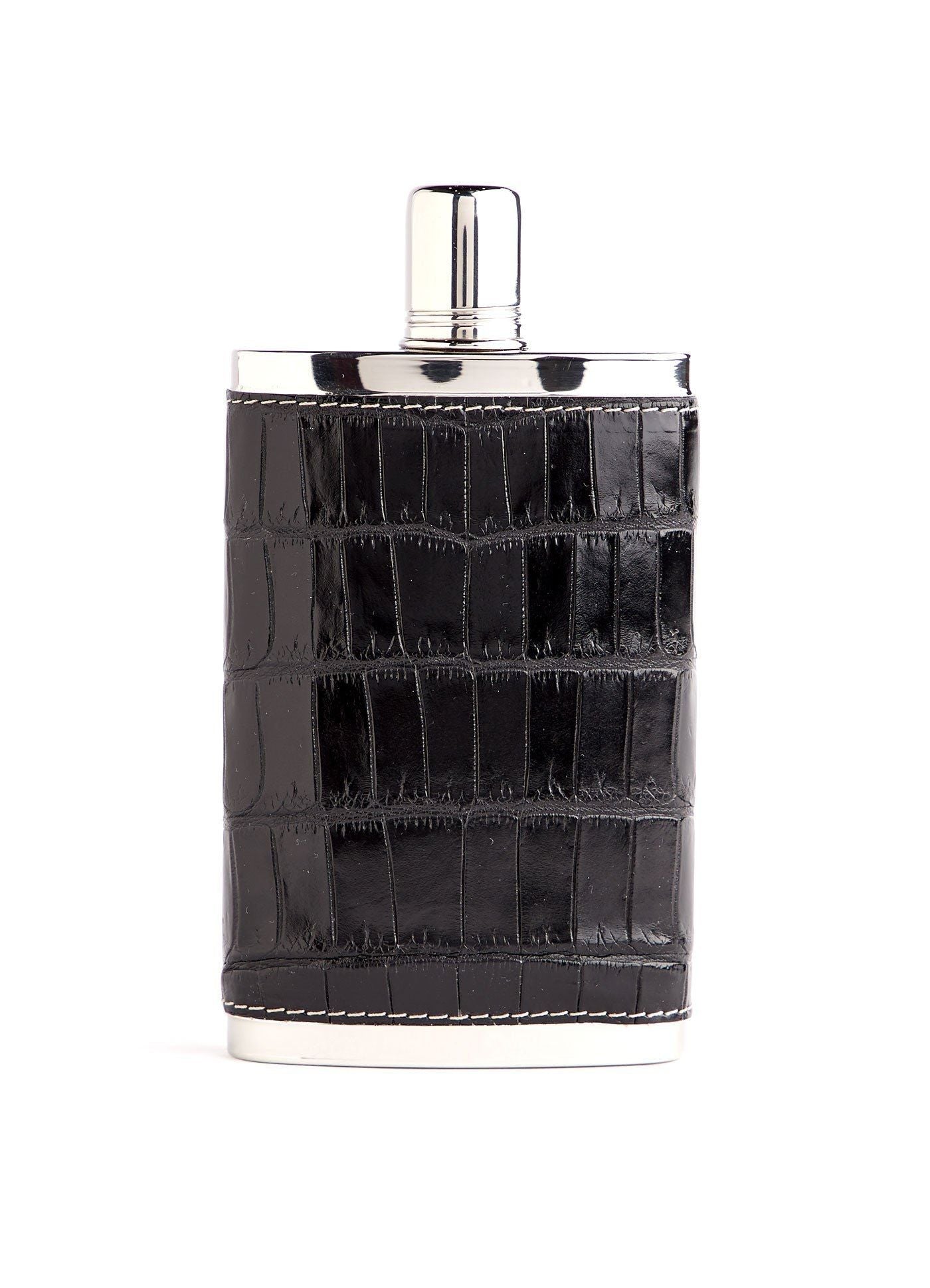 Black Crocodile Covered Stainless Steel 9 oz hip flask - Darby Scott