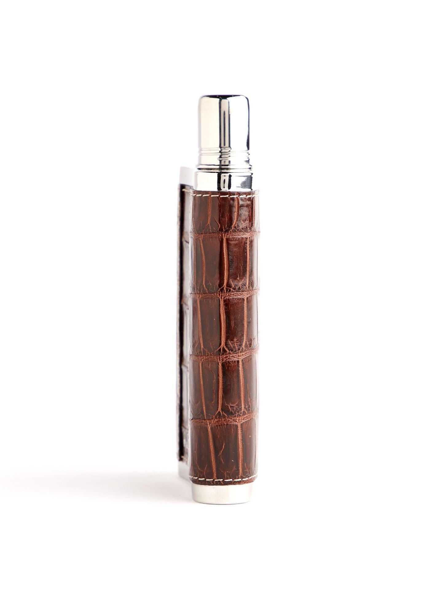Side view of brown crocodile covered stainless steel flask - Darby Scott