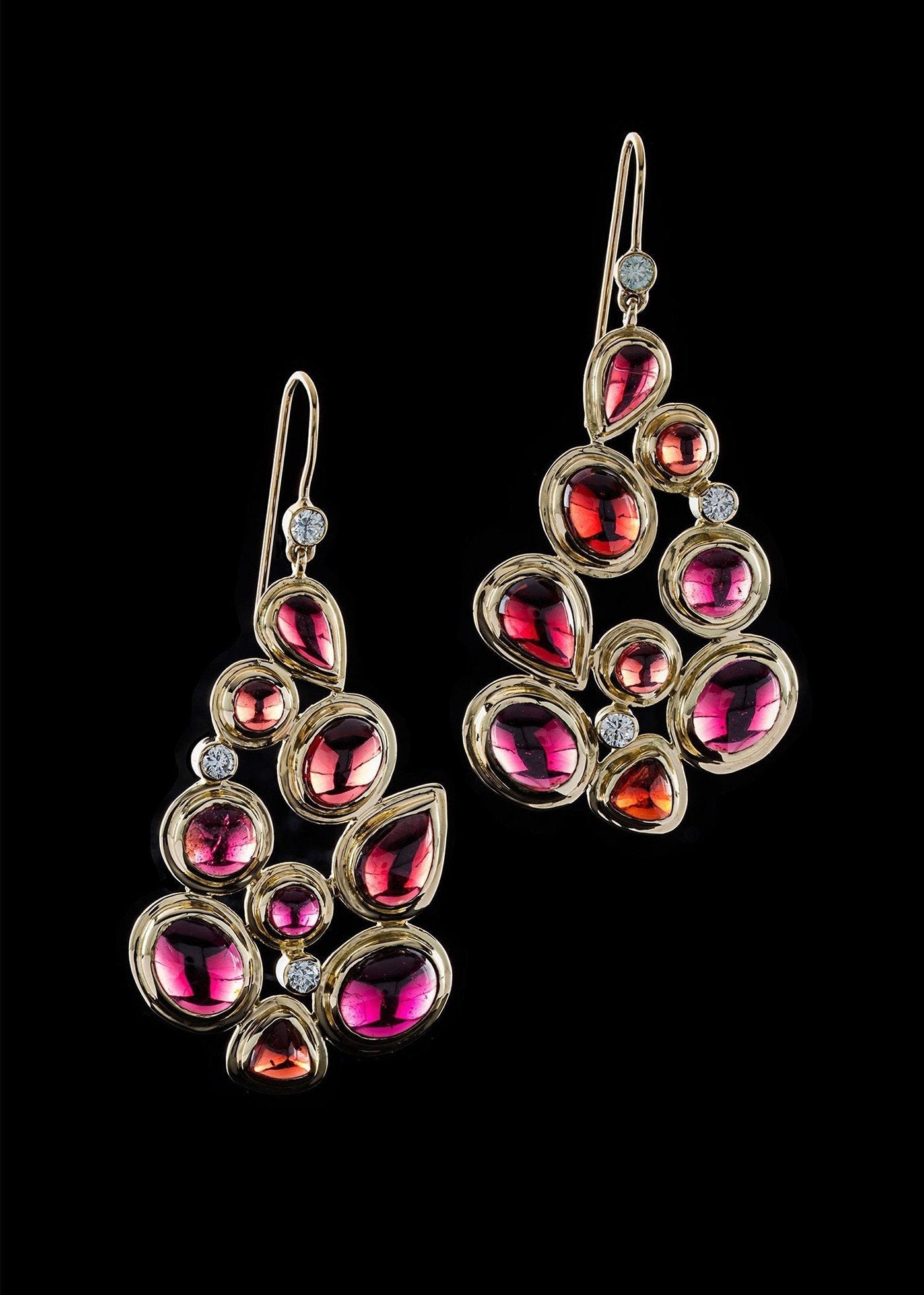 Garnet diamond 18K gold earring mosaic 9 stone - Darby Scott