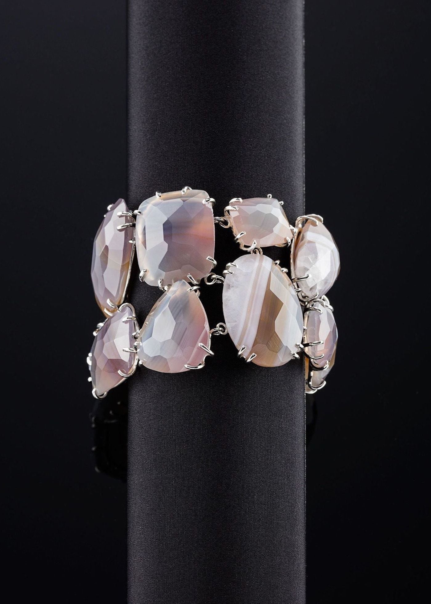 Faceted Grey Agate gemstones prong set in white gold plated brass - Darby Scott