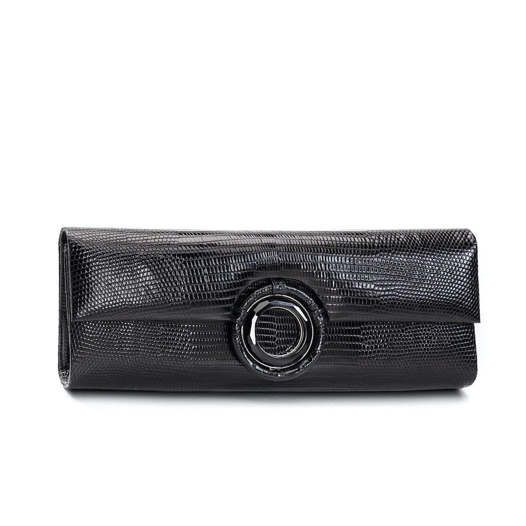Black Lizard Roll Clutch with Black Onyx Grommet Inlay - Darby Scott