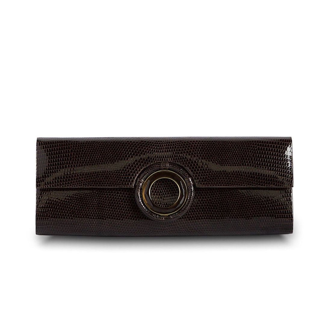 Chocolate Lizard Roll Clutch with Smokey Topaz Grommet Inlay - Darby Scott