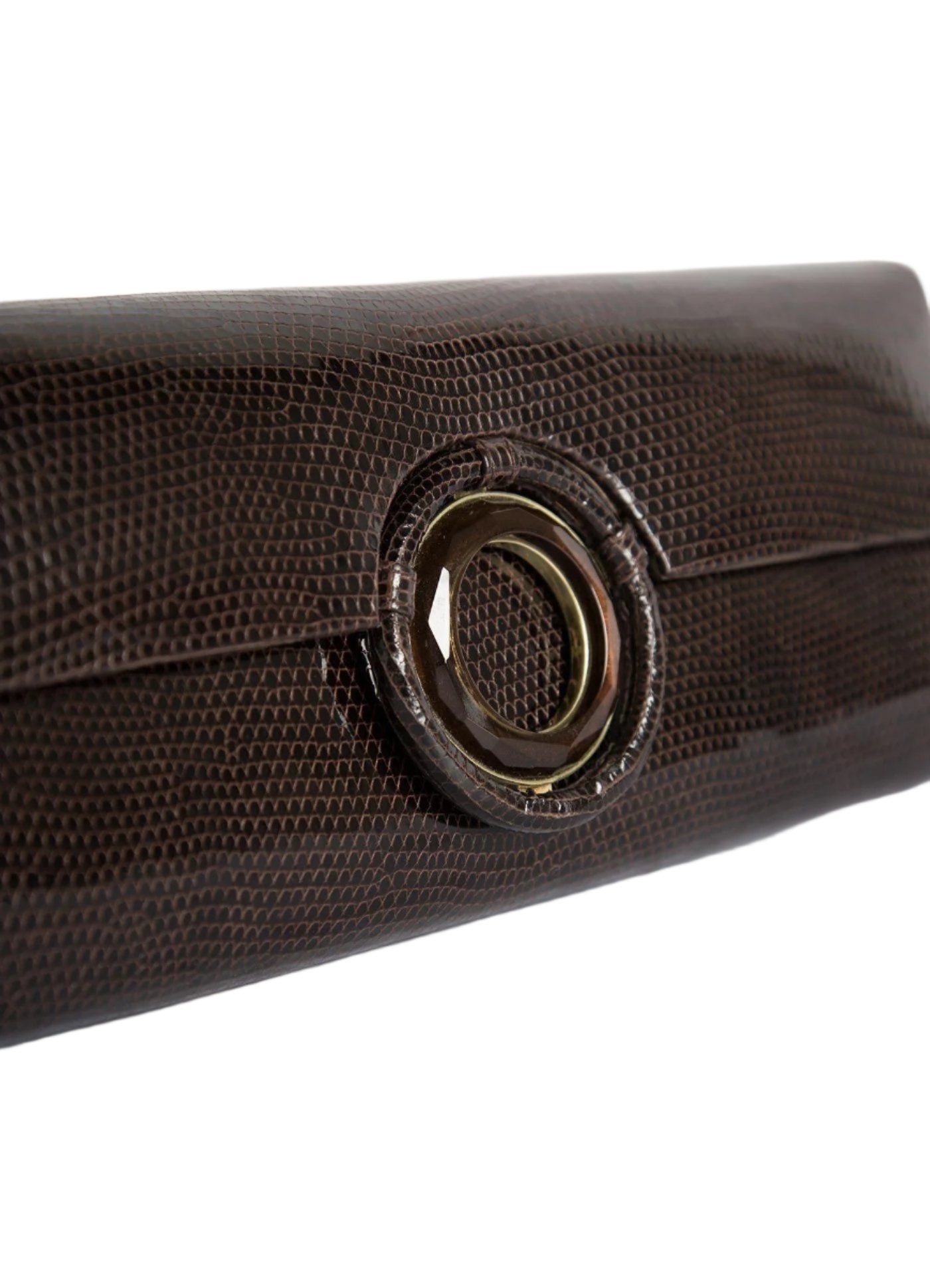 Detail view Smokey Topaz Grommet Inlay on brown lizard roll clutch- Darby Scott