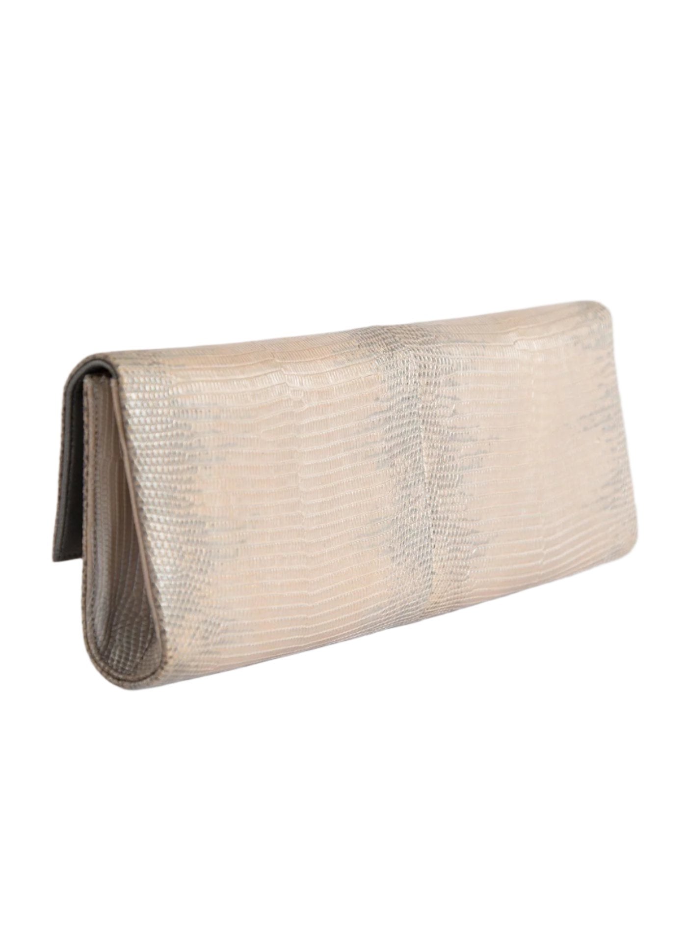 Back view of Champagne Lizard Grommet Roll Clutch - Darby Scott