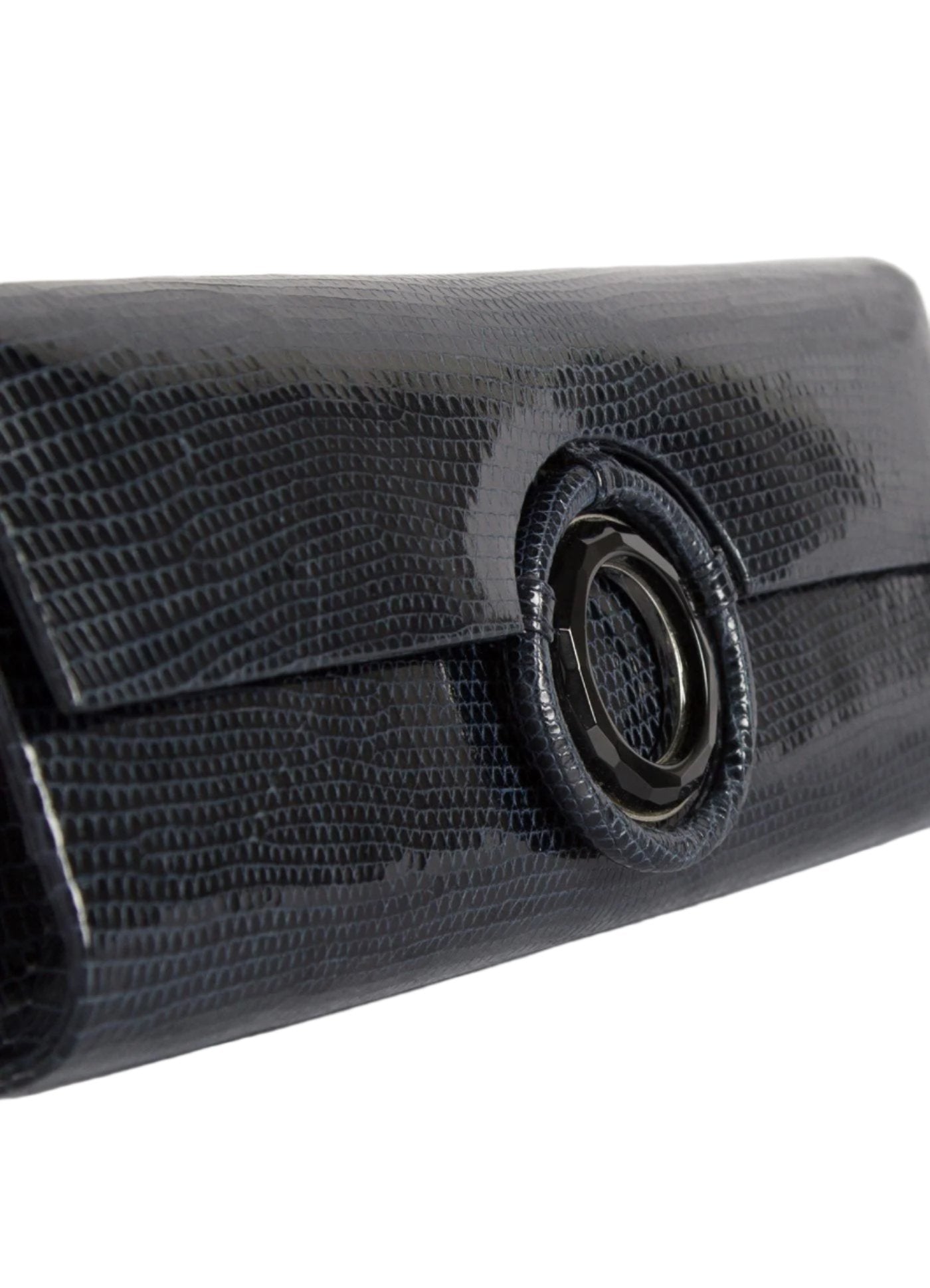 Detail view Black Onyx Grommet Inlay on navy lizard clutch - Darby Scott