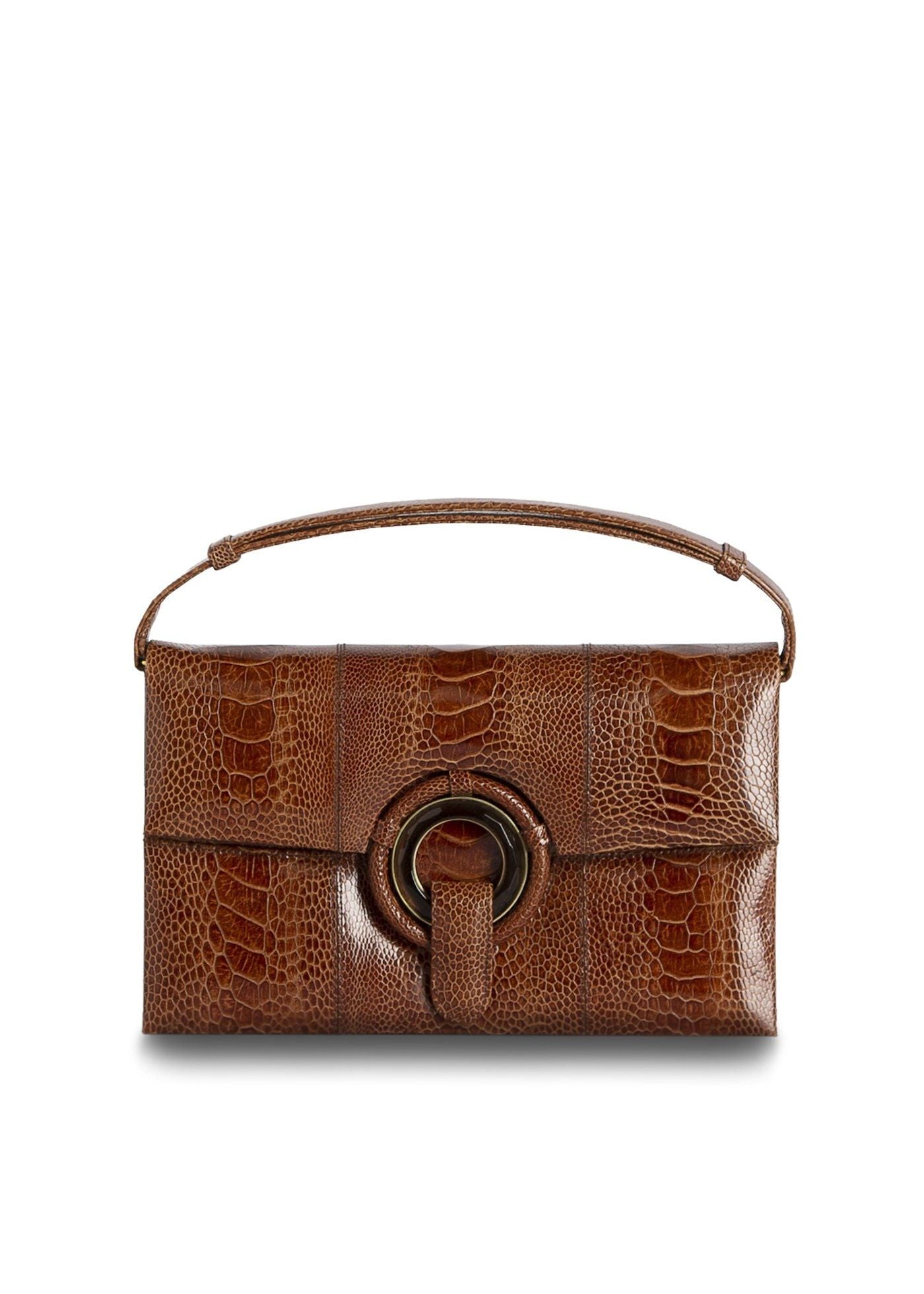 Cognac Ostrich Leg Handbag with smokey topaz inlay Grommet closure - Darby Scott