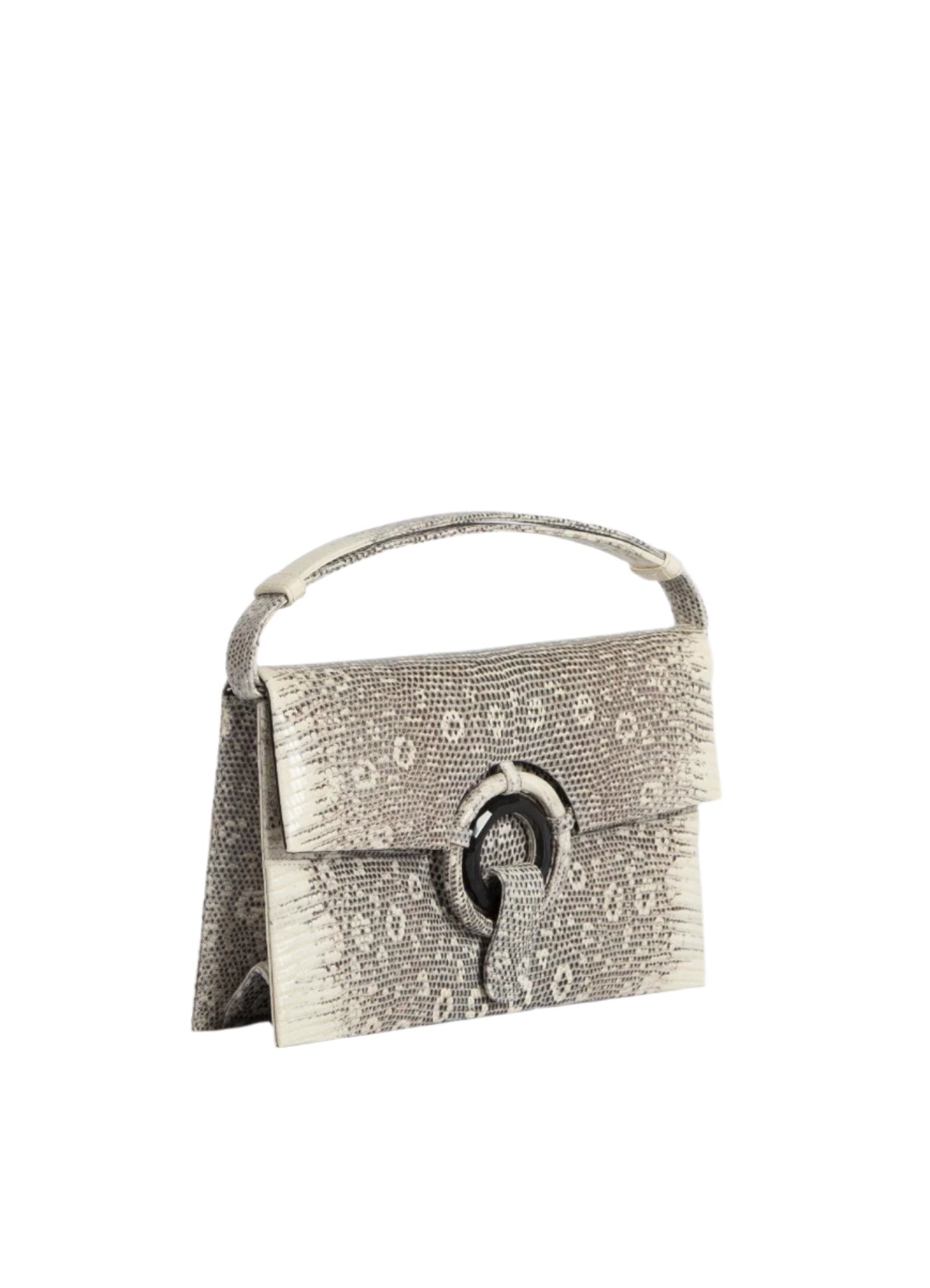 Angled view of black & white ring Lizard Grommet Handbag - Darby Scott