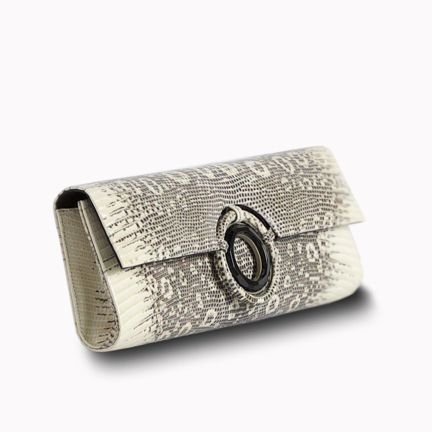 Side view of Black & White Ring Lizard Grommet Roll Clutch - Darby Scott