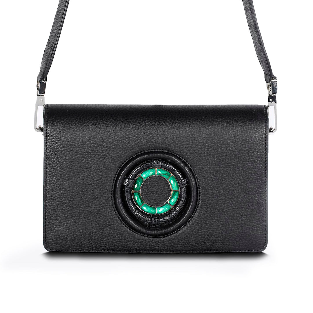Black Leather Jeweled Handbag, Anna Convertible Crossbody with Malachite Gemstone - Darby Scott