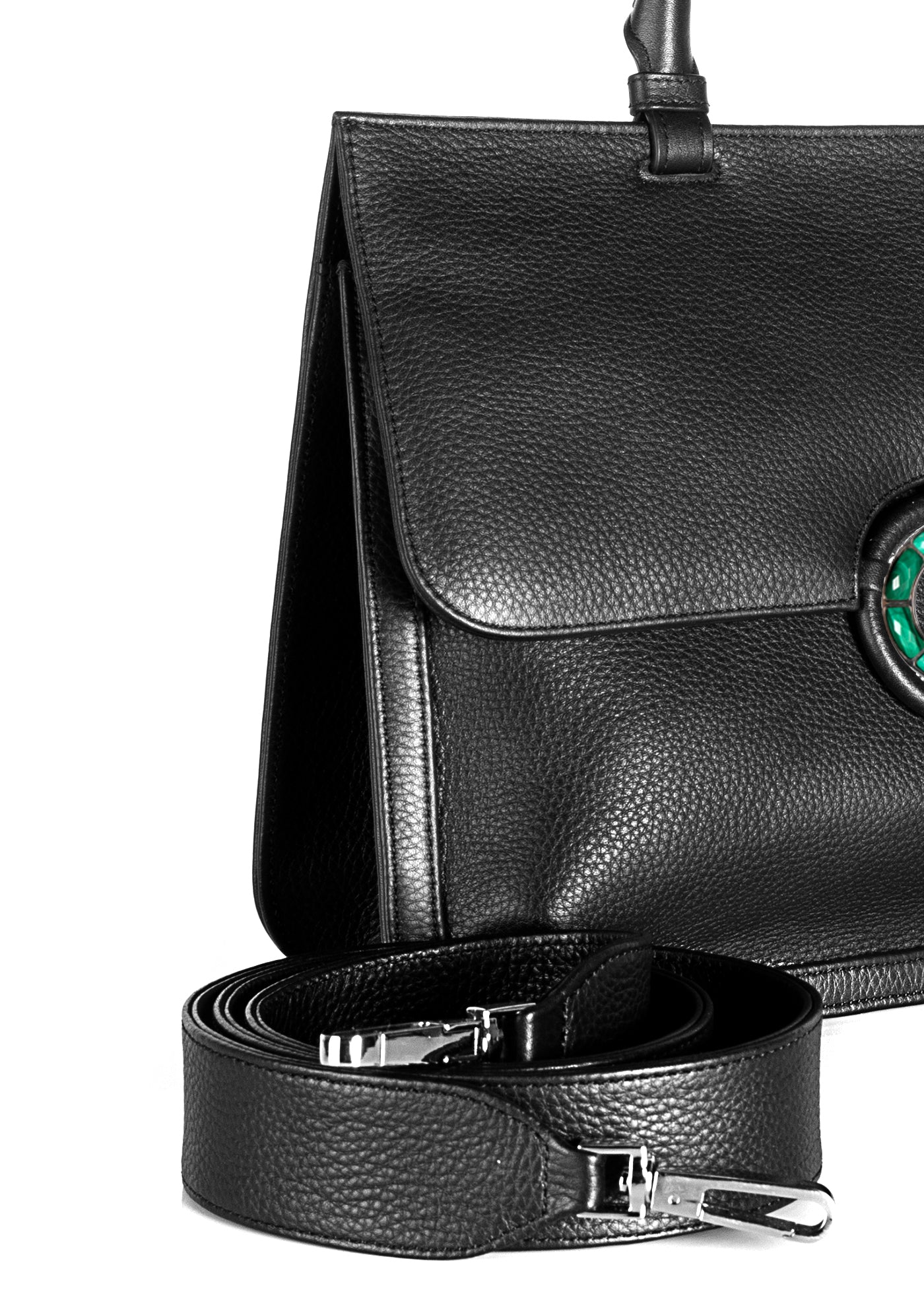 Crossbody strap and side details on black leather grommet saddle bag - Darby Scott