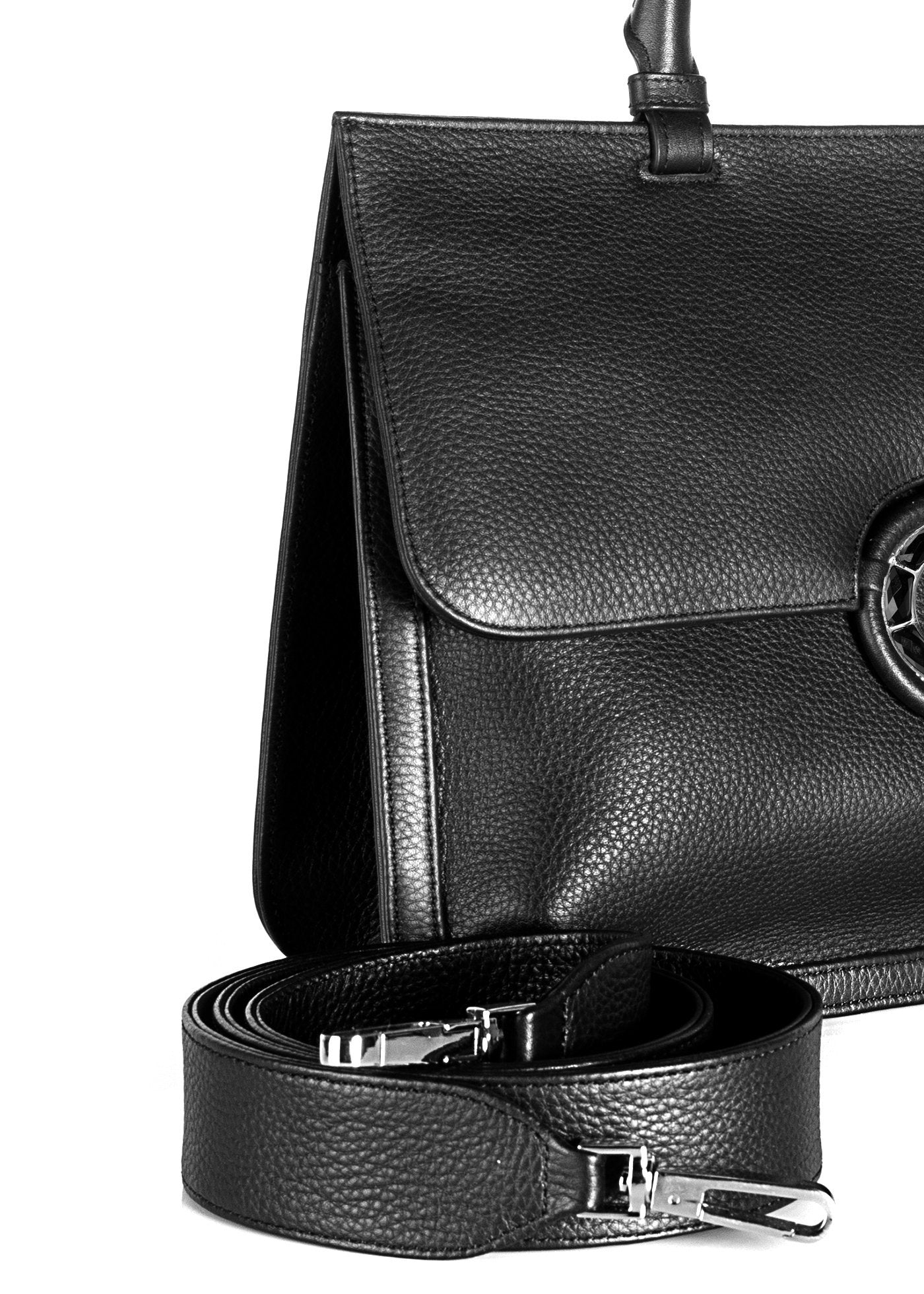 Strap and detail view of black leather saddle bag - Darby Scott