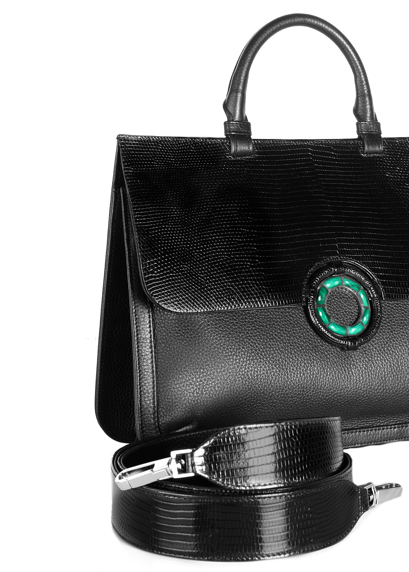 Detail of malachite grommet and crossbody strap - Darby Scott
