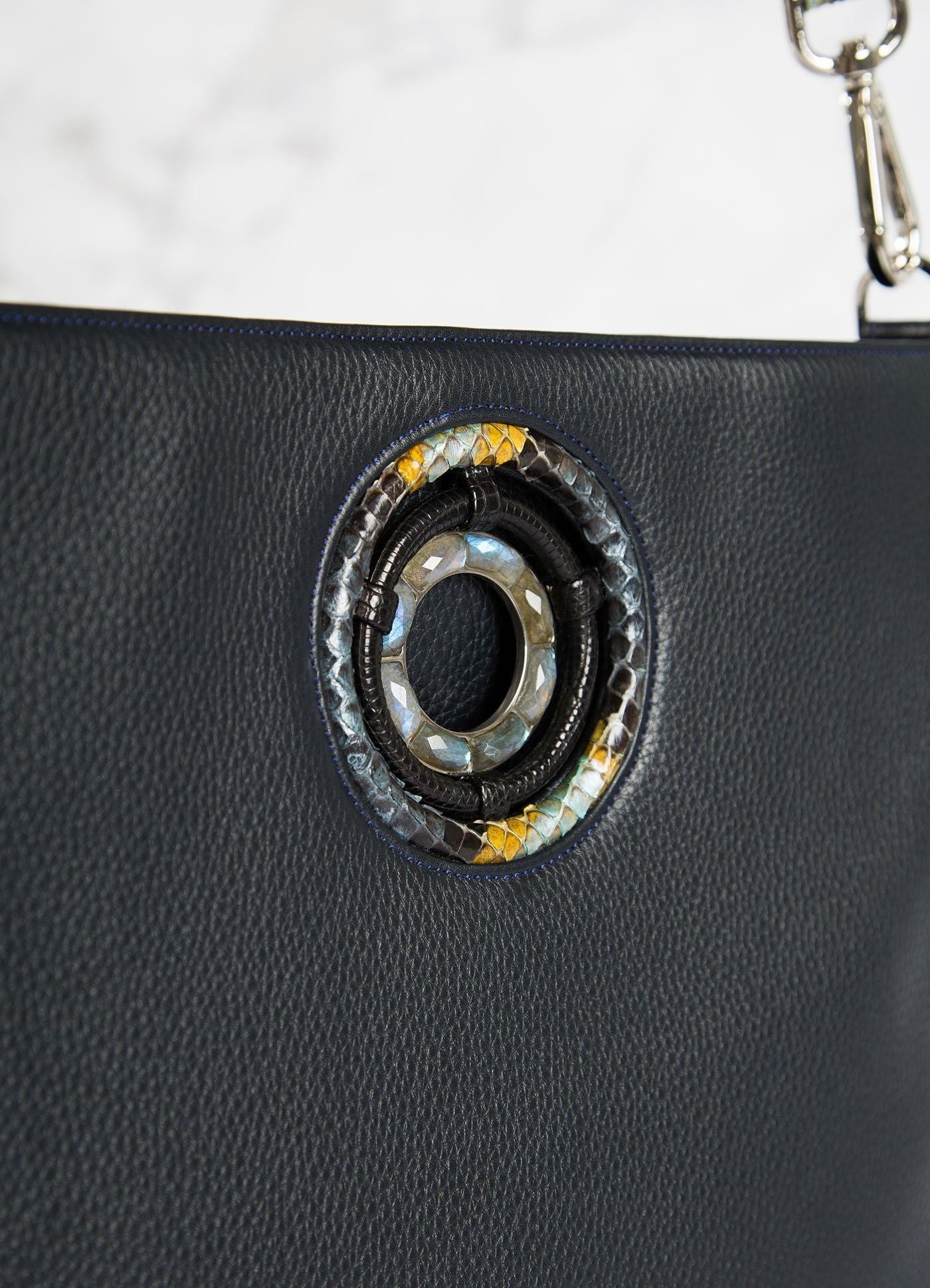 Labradorite gemstones Grommet on Navy Cloe Tote close up - Darby Scott