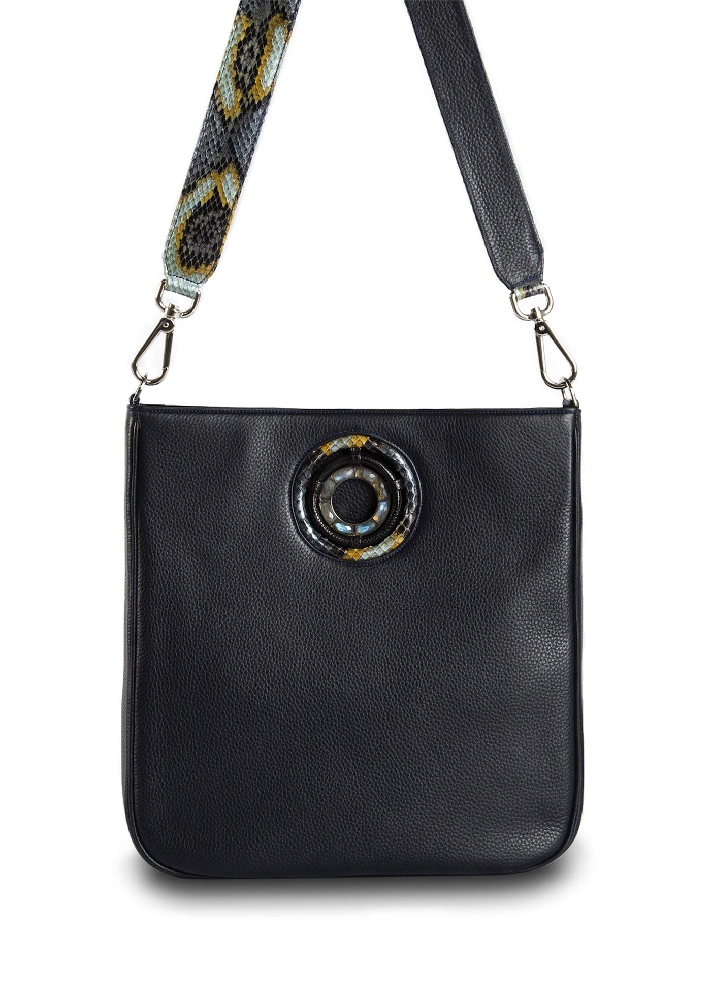 Navy Leather Cloe Cross Body Tote front view - Darby Scott