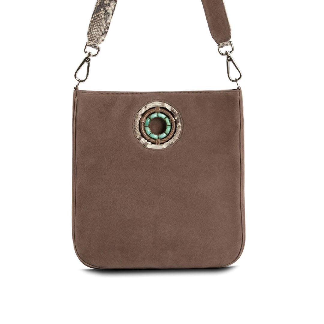Light Brown Suede Jeweled Handbag, Cloe Crossbody Tote with Chrysoprase Gemstones - Darby Scott