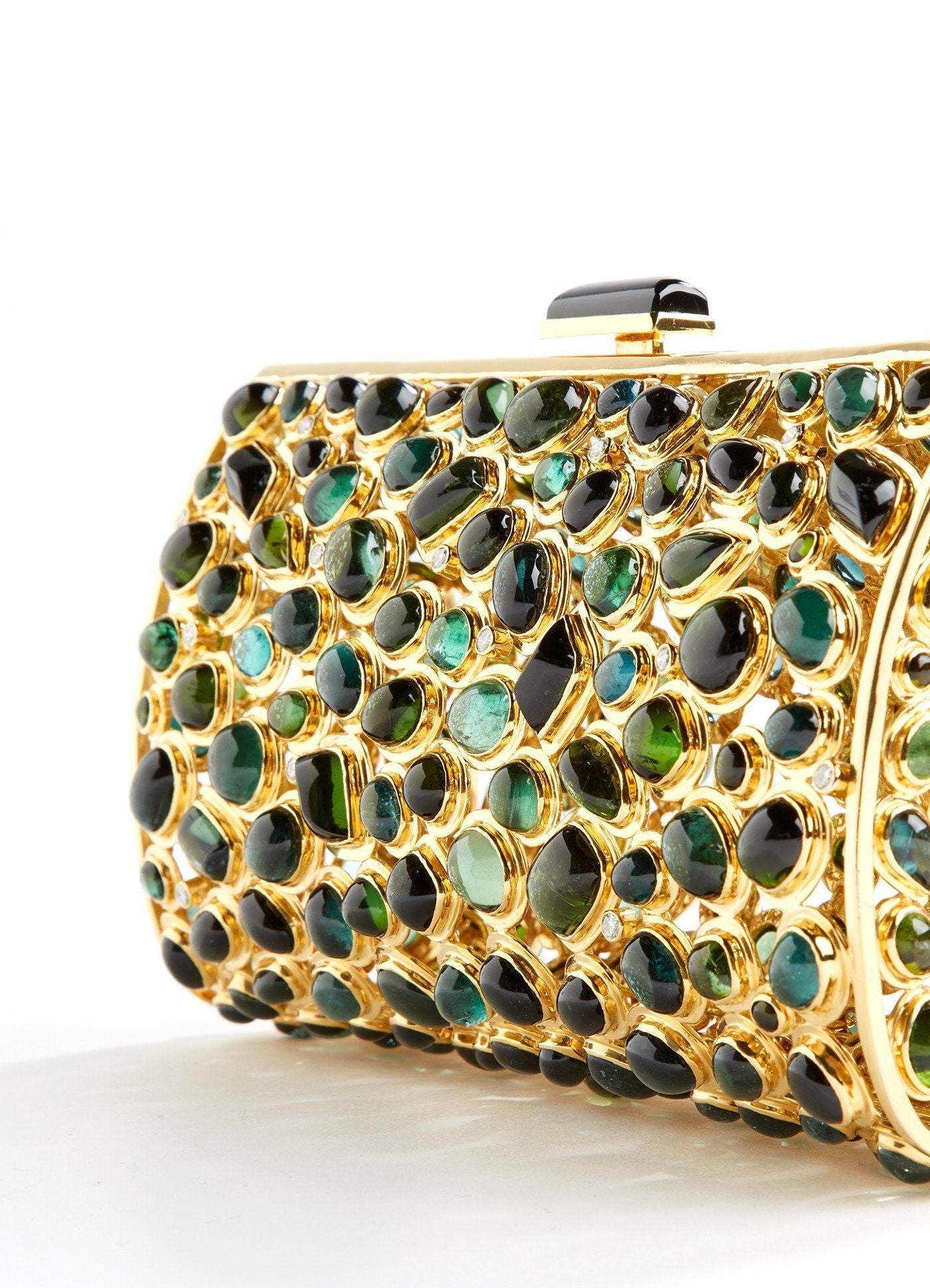 Close up view 320 Tourmaline cabochons & 34 Diamond Jeweled Minaudiere - Darby Scott