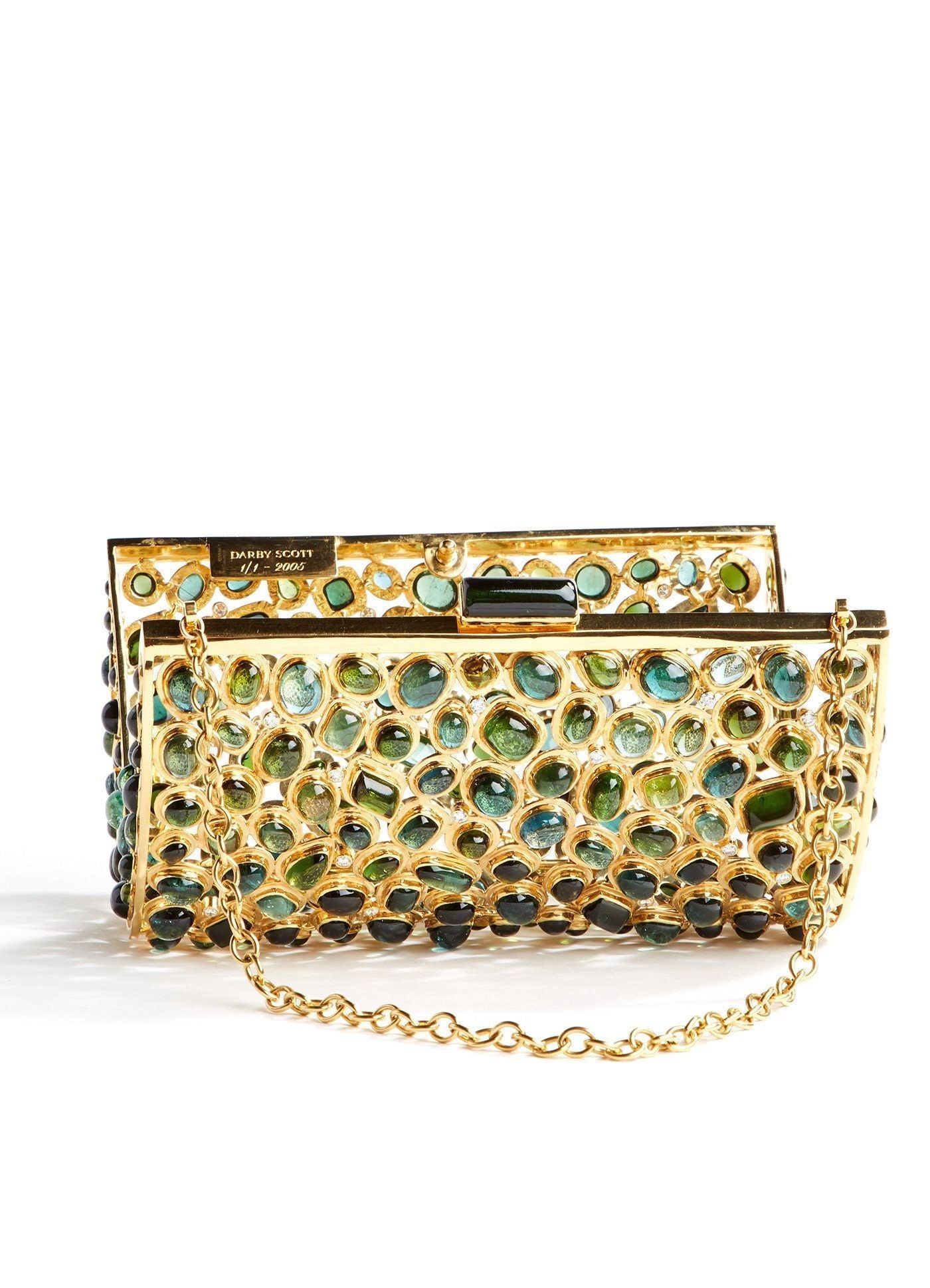 Open front view Jeweled Minaudiere, Tourmaline & Diamond - Darby Scott