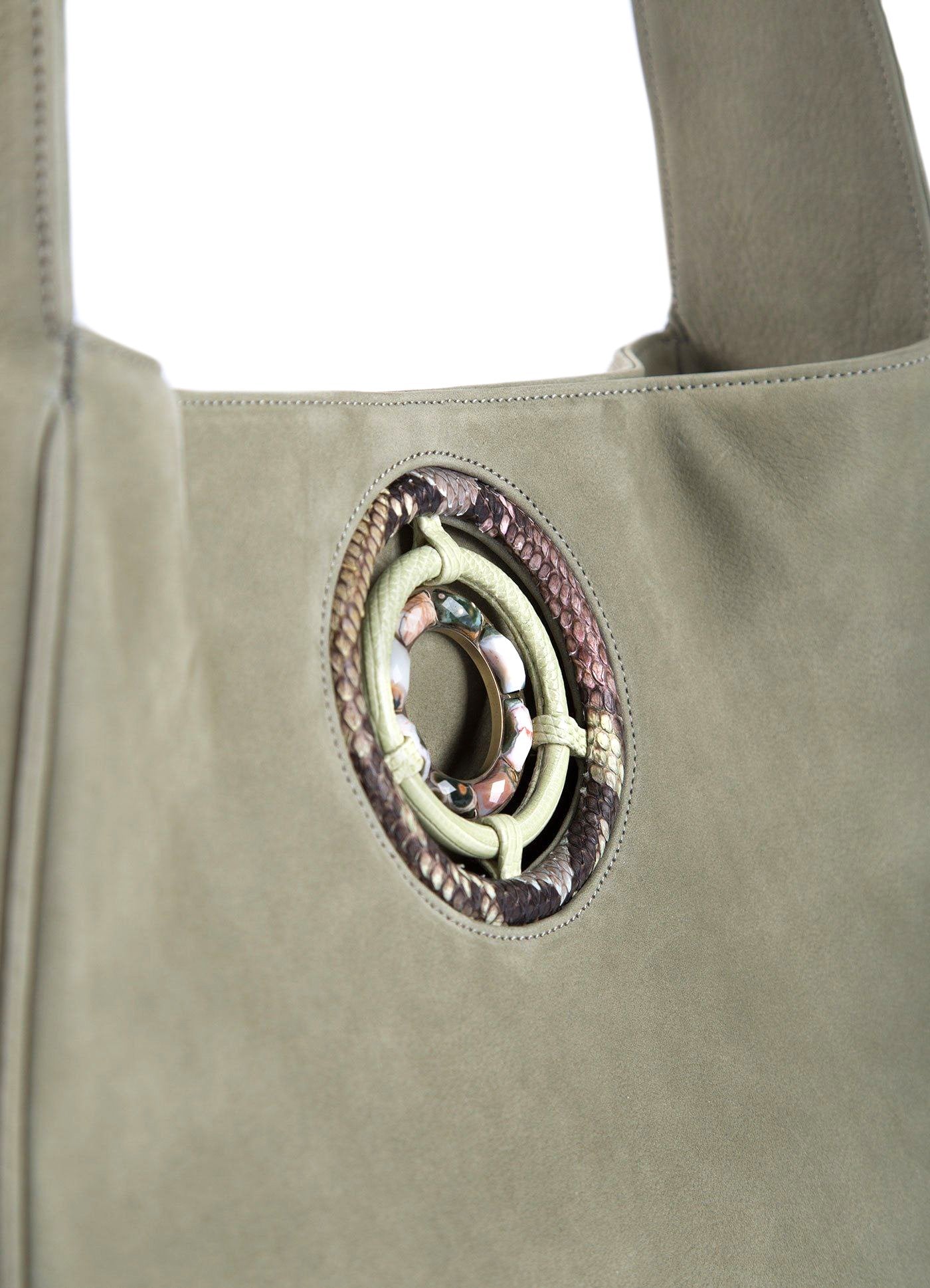 Details of Ocean Jasper Grommet on Celedon Suede Paige Tote - Darby Scott