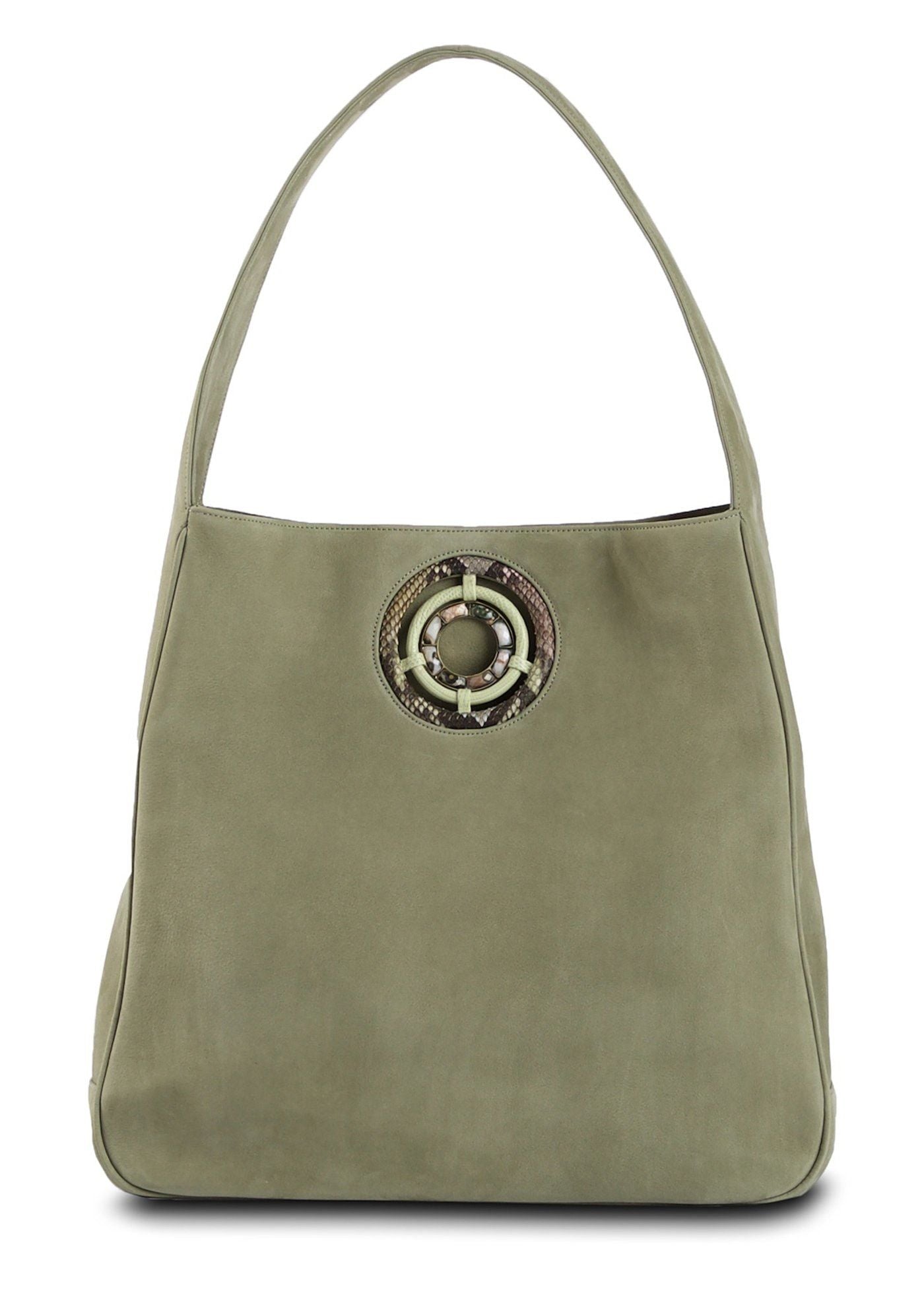 Paige Hobo in Celedon Sueded Leather with Ocean Jasper Grommet - Darby Scott