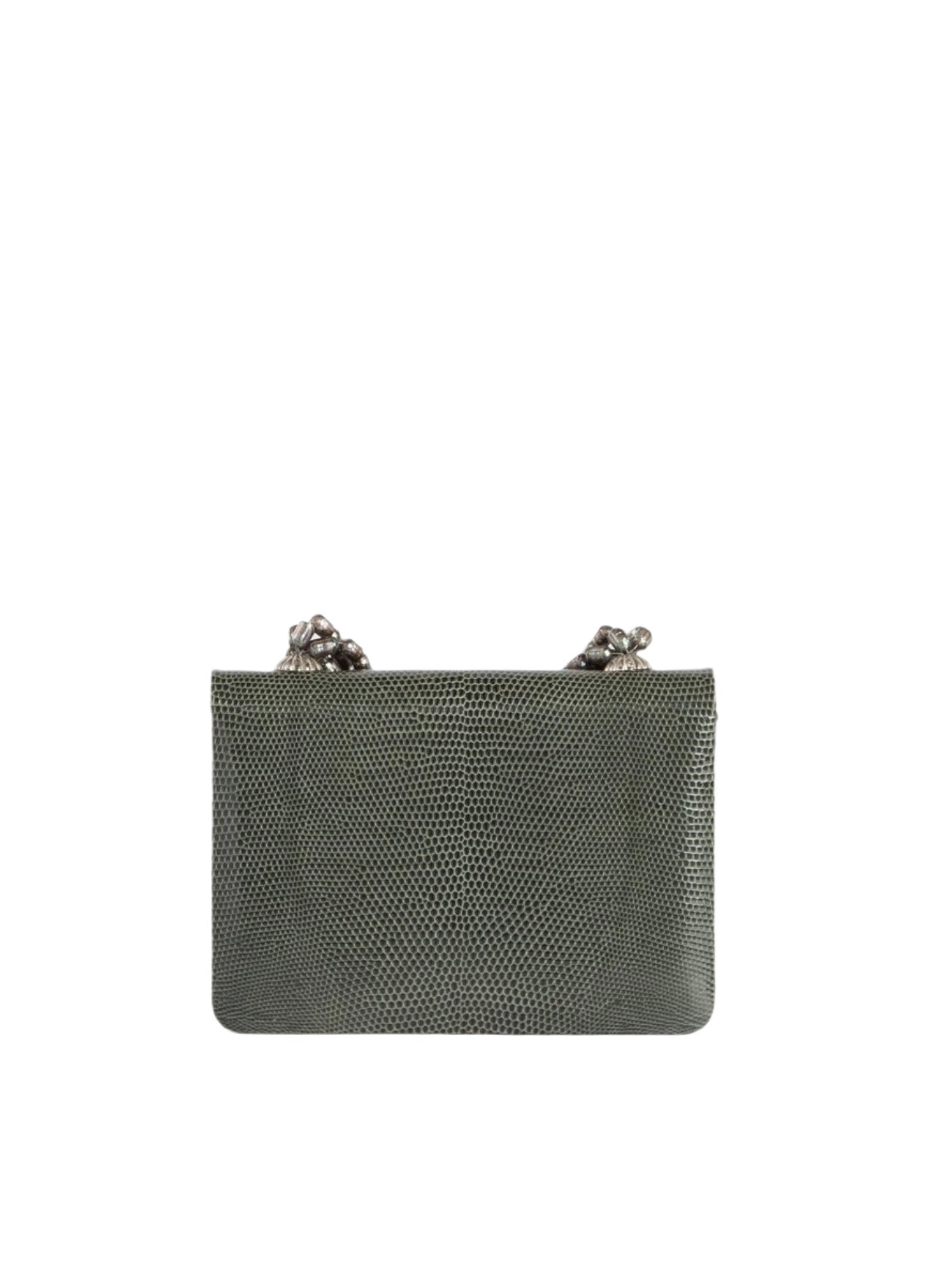 Back view of Grey Lizard and Mother of Pearl Necklace Mini Handbag - Darby Scott
